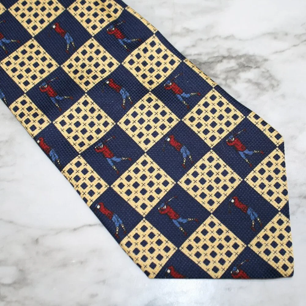 VINTAGE TOMMY HILFIGER Necktie Checkerboard Plaid Golf Blue Gold Silk Neck Tie